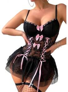 Lingerie Sets For Women Sexy Lace Corset With Garter Babydoll Lingerire Dress Rave Outfits - Black - View 5