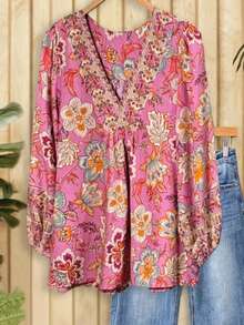 Boho Floral Print V-Neck Blouse For Women – Long Sleeve Lightweight Tunic Top With Embroidered Details – Loose Fit Casual Shirt For Spring & Summer, Perfect With Jeans Or Shorts (Not Bulky & Good For Layering) - 粉色 - 查看 3