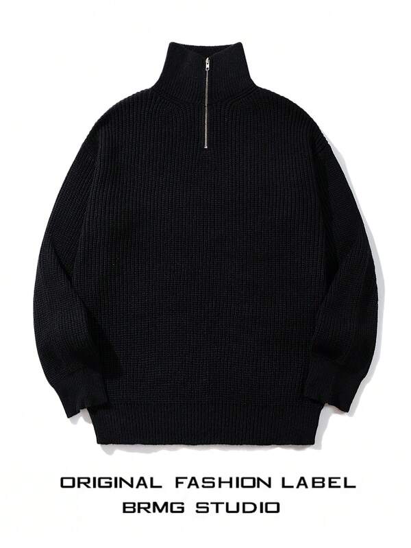 Men's Casual Loose Fit Textured Knit Zip-Up Polo Collar Long Sleeve Pullover Top, Solid Color, Versatile, Autumn/Winter