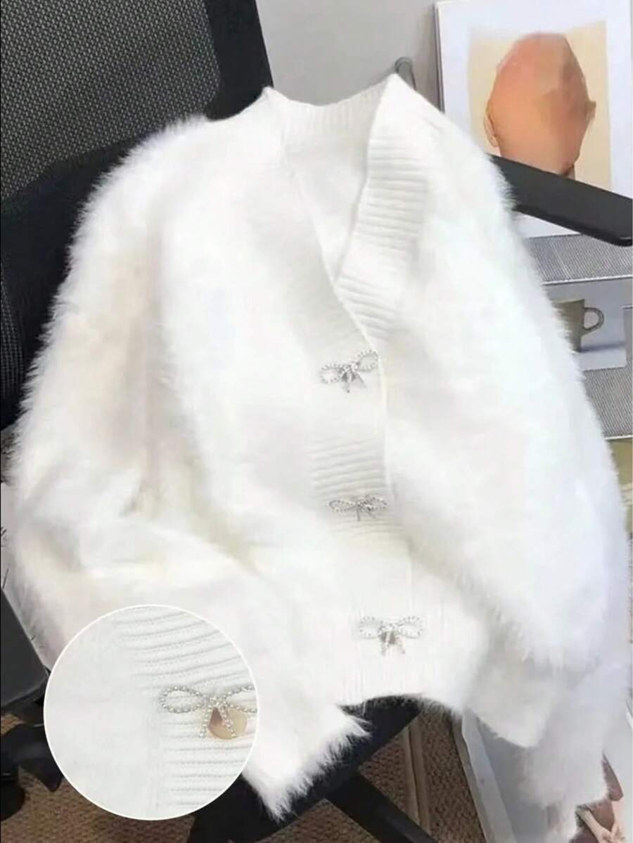 Butterfly Button Soft Faux Cashmere Women Cardigan Sweater, Solid Color Front Button Fine Velvet Ribbing, Suitable For Halloween, Christmas, Daily Wear, Spring/Autumn, Autumn/Winter