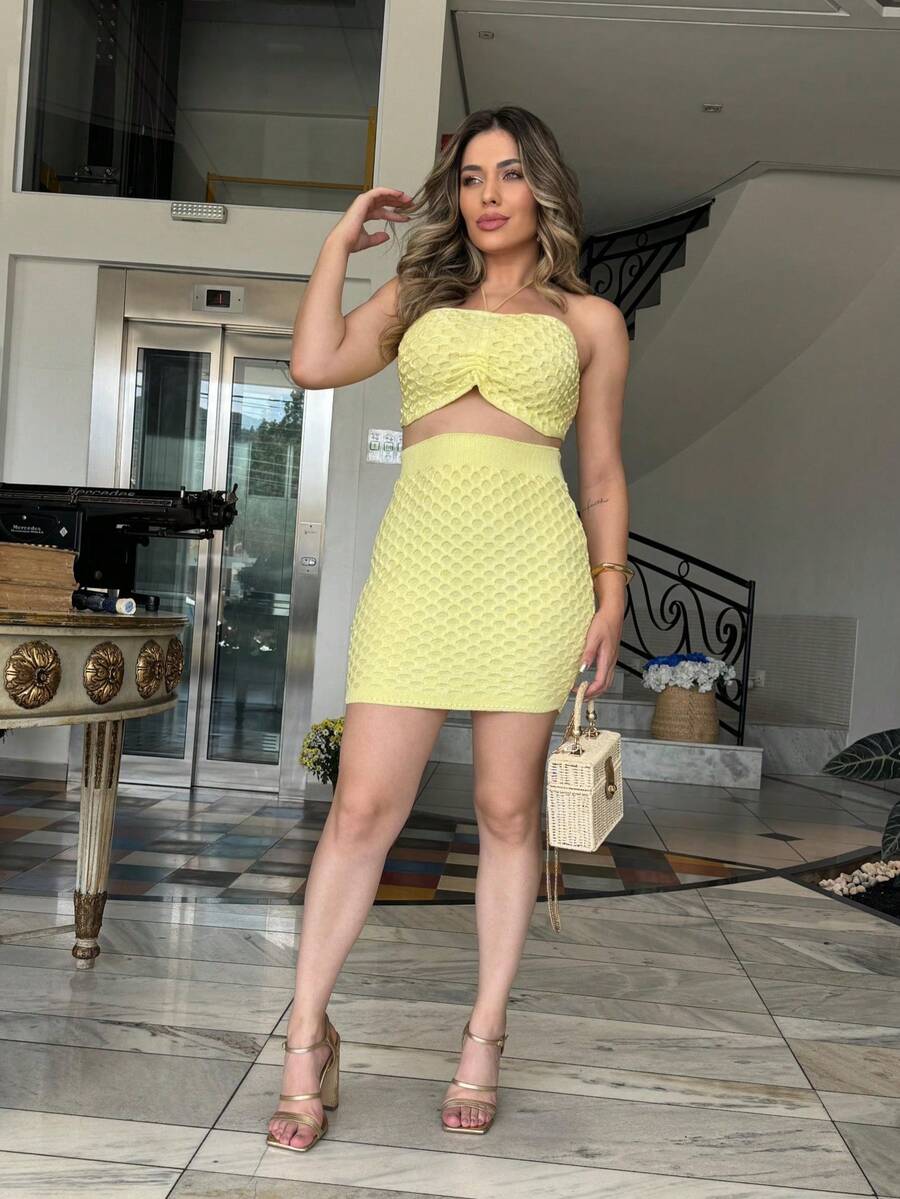 Women's Modal Knit Set With Relief Scales, Top And Skirt, Summer Knitwear - Yellow - View 1
