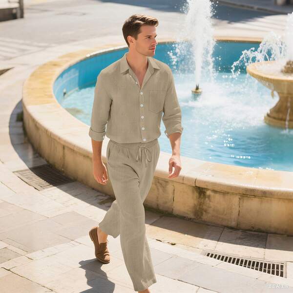 2pcs Men Linen Solid Color Sportswear Set, Polo Collar Long Sleeve Top And Long Pants, Casual Versatile Outfit For Commuting, Home Wear And Multiple Occasions