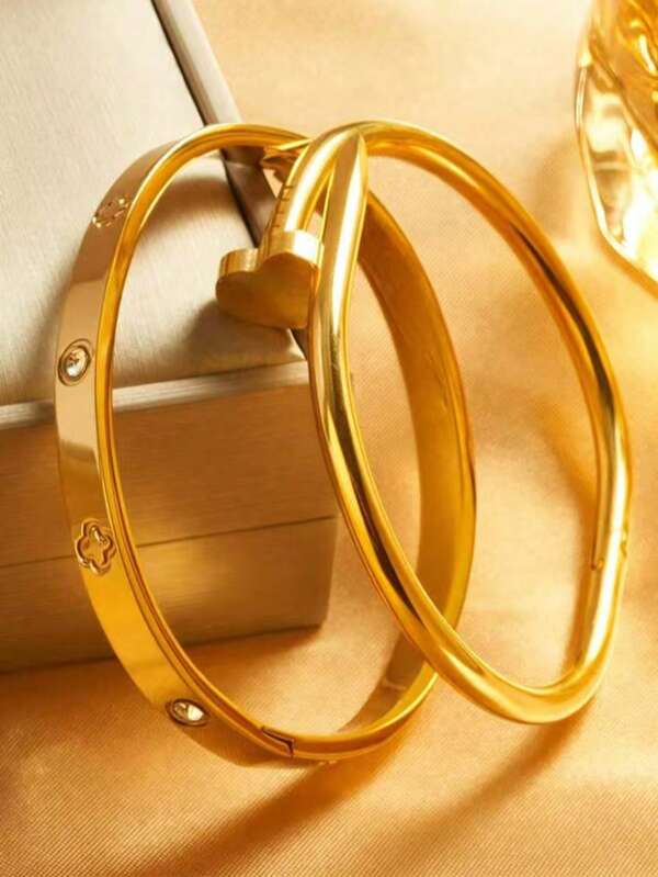 2 piezas Pulseras de brazalete de acero inoxidable, color dorado, sin decoloración, minimalista, ligero, adecuado para hombres y mujeres, uso diario, ir al trabajo, citas, fiestas, vacaciones, regalo de cumpleaños para la novia