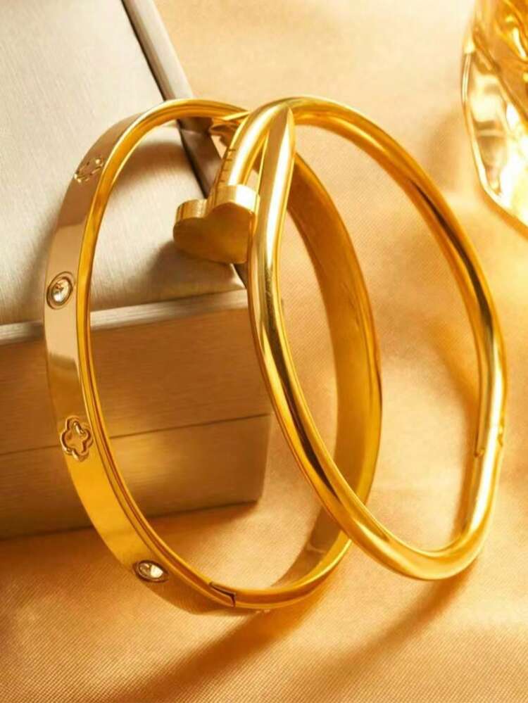 2 件不锈钢手镯，金色，不褪色，简约，轻巧，适合男女，日常、通勤、约会、派对、节日、女友生日 - 彩色 - 查看 1