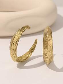 1 Pair Vintage Bohemian Style Distressed Textured Carved Geometric Hoop Earrings, Layered Design, Suitable For Daily Wear - Bronze - View 5