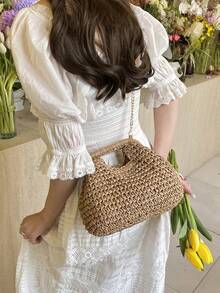 时尚草编包，女士小众时尚编织森林风链条单肩包，休闲百搭斜挎包，适合外出、约会、购物、送礼、通勤等各种场合 - 卡其色 - 查看 4