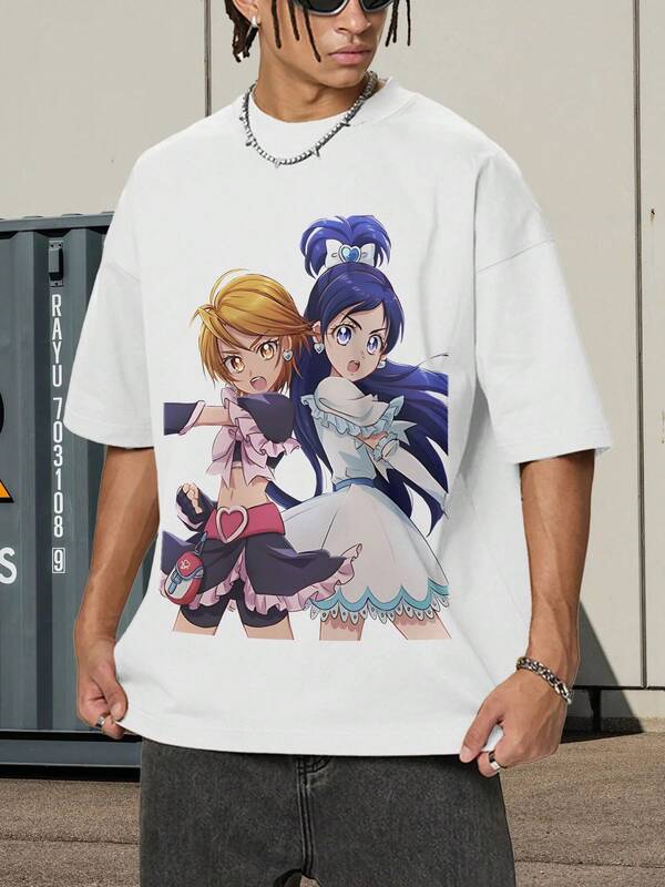 ふたりはプリキュア、キュアブラック、雪城ほのか、美墨なぎさ、キュアホワイト、おてんば娘、ハートの髪飾り、ハートのブローチ 男性用アニメおもしろTシャツ   Futari wa , Cure Black, Yukishiro Honoka, Misumi Nagisa, Cure White, Tomboy, Heart Hair Ornament, Heart Brooch Funny T-Shirt Tees for Men 230g