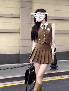 Autumn Women's Korean Drama College Style Suits, Small British Suit Vest Shirt Pleated Skirt JK Uniform - 咖色馬甲+裙子 - 查看 2