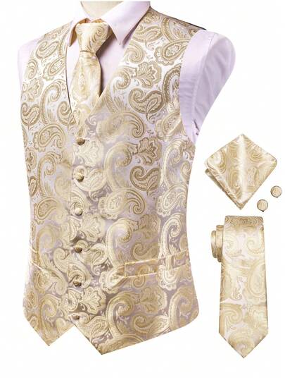 Plus Size 5XL-L Mens Waistcoat Ivory Paisley Vest Tie Hankie Cufflinks Set Wedding Formal Casual Tuxedo Gilet