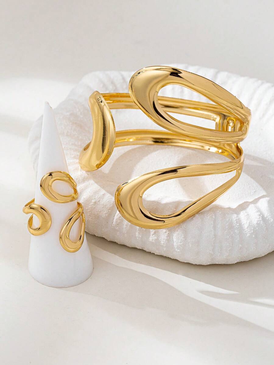 1 pieza Brazalete con diseño geométrico exagerado, estilo europeo y americano - Amarillo Oro - Ver 1