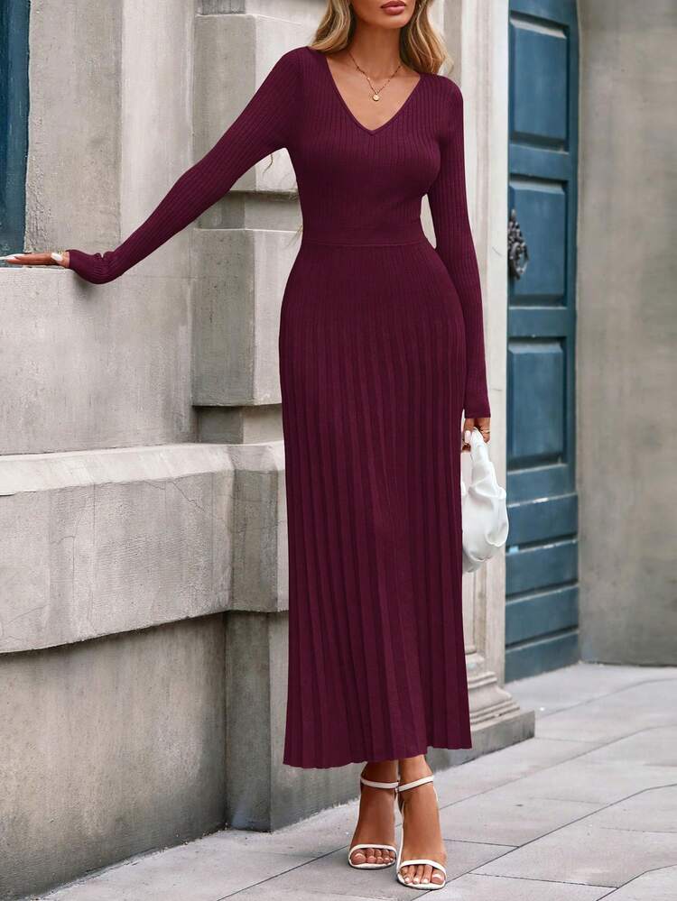 Women Sweater Dress Fall Fashion  Long Sleeve V Neck Ribbed Knit Pleated A Line Elegant Maxi Winter New Years Vacation  Dresses Vestidos Elegantes De Mujer - 酒紅色 - 查看 5
