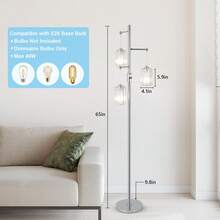Modern Crystal Floor Lamp For Living Room, 3 Lights Dimmable Standing Lamp, Industrial Silver Tree Lamp With Crystal Shade, Foot Switch, 65" Tall Corner Lamp For Bedroom Reading, Chrome - 查看 6