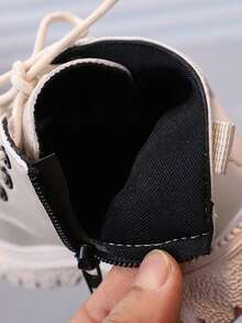 男女通用婴儿时尚靴子，休闲百搭橡胶软底系带侧拉链户外低帮踝靴 - 米色 - 查看 8