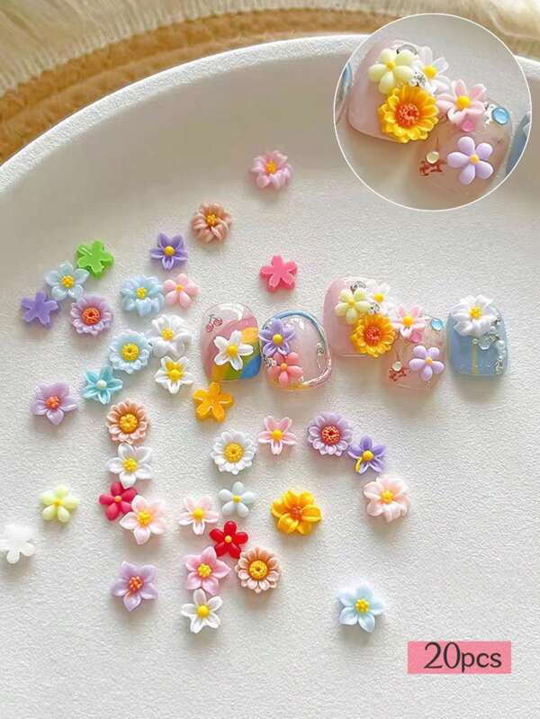 20 Stücke bunte kleine Blumen, Nail Art Ornamente, cremefarbene gekräuselte Chrysanthemen/Fünfblütenblumen, DIY/Harz Nail Ornamente, Nail Accessoires