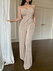 一套杏色单排扣收腰吊带背心和阔腿裤，性感优雅，魅力休闲装，适合约会、派对，也适合新年、情人节等场合。 - 杏色 - 查看 5