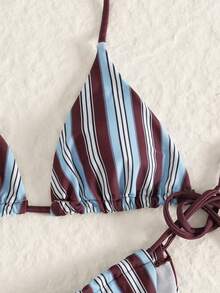 女士比基尼套装，泳衣，休闲蓝棕条纹系带露背比基尼两件式泳衣，高腰带垫泳衣，性感夏季沙滩装，沙滩度假服，女士夏季沙滩露背装，Y2K 坏女孩风格度假装 - 彩色 - 查看 9