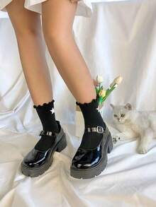 4 Pairs Cute Women's Ruffle Trim Mid-Calf Socks, Star Pattern Sweet Japanese Style, Essential For Daily Wear, Fall Socks - Black and White - View 5