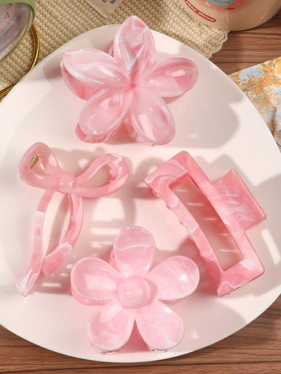 4 件 ABS 材质春夏波西米亚甜美粉色大理石图案蝴蝶结雏菊花方形发夹沙滩配饰发饰时尚爪夹女士发夹休闲发夹秋季配饰秋季时尚发夹冬季度假装女士
