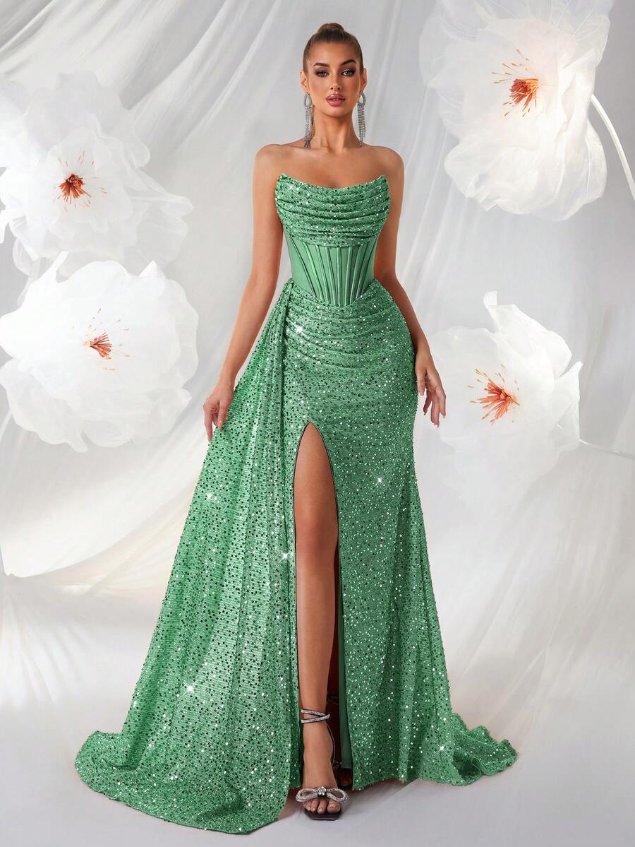 ADYCE Đầm dạ hội đuôi cá không dây vai đính sequin dành cho nữ, thiết kế xếp ly eo cao, xẻ tà bằng ruy băng satin, thắt lưng hở, thích hợp cho tiệc cocktail, tiệc tối trang trọng, đầm dài chạm sàn, cũng thích hợp cho khách dự đám cưới, các dịp trang trọng, lễ tốt nghiệp, hẹn hò và năm mới. - màu xanh lá - Xem 1