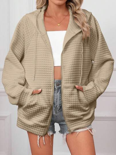 大码女式连帽抽绳长袖拉链休闲运动夹克