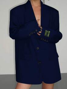 Women's Navy Blue Casual Loose Blazer Jacket With Letter Print, Suitable For Banquet, Wedding, Festival, Party, Women's Halloween, Christmas Outfits And More Occasions