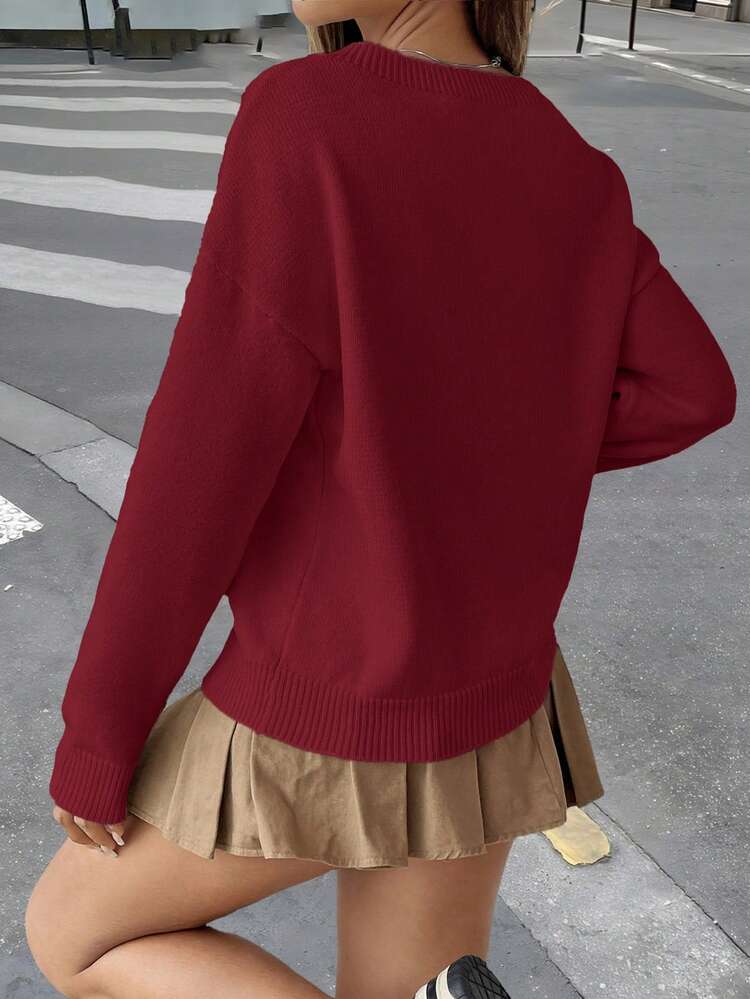 Women's New Fashionable Plain Knit Crew Neck Casual Elegant Street Outing Date Loose Dropped Shoulder Solid Color Minimalist Long Sleeve Pullover Sweater, Women's Valentine's Day Outfit, Women's Concert Outfit, Street Style, New Year's Outfit, Elegant Women's Blouses, Summer Tops, Casual Women's Outfits, Spring Clothing, Women's Vacation Outfit, Holiday Outfits For Women, Summer Holiday Outfits - Red - View 5