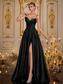 Alluring Black Spaghetti Strap High Slit Long Dress, Adorned With Hand-Embellished Rhinestones, Suitable For Elegant Ladies' Party Dress, Formal Evening Gown, Wedding Guest Dress, Appropriate For Graduation Ceremony, Banquet, Formal Attire Spring - Black - View 5