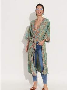 Long Printed Kimono Full Print Belt Beach Vacation - Green - View 2