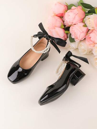 Formal Dress Outfit Dress, Performance Shoes, Mary Jane Ballet Princess Shoes, Little Black Leather Shoes For Wedding, Party, Gathering, Holiday, Suitable For Girls Of All Ages, Fashion Bowknot Pearl Heeled Pumps, Elegant And Charming, Suitable For All Seasons And Festivals