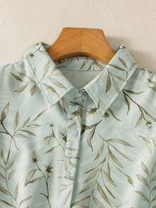 女士休闲树叶印花长袖衬衫，时尚纽扣领衬衫，适合秋、冬、春季穿着 - 淺藍色 - 查看 4