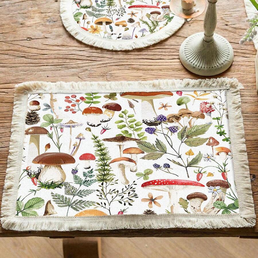 1 Stück/4 Stücke/6 Stücke geflochtene Platzmatte mit Fransen, Isoliermatte, Tischdekor in Wald, Pilz und Blumen Restaurant, geflochtene Platzmatte für Wohnzimmer, rutschfeste Platzmatte, rund und quadratisch optional.