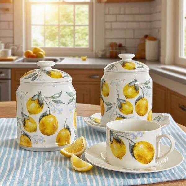 1pc Lemon Pattern Ceramic Storage Jar/Cup & Saucer Set, Suitable For Coffee Beans, Candy, Tea Bags, Cereal Storage, Kitchen Decor, Applicable For Afternoon Tea/Dining Room/Kitchen/Hotel