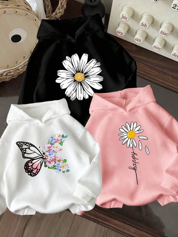 3pcs/Set Toddler Floral Pattern Warm Hooded Sweatshirts
