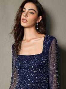 女士水钻装饰方领修身短款正式鸡尾酒会礼服，优雅时尚，适合特殊场合 - 藏蓝色 - 查看 5