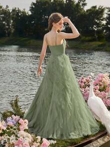 Faeriesty Elegant Women's Evening Gown With Delicate Thin Straps, Sheer Tulle Fabric, And Tiered Ruffle A-Line Skirt | Sophisticated Formal Dress For Wedding Receptions, Masquerade Balls, Mystical Garden Parties, Formal Dinners, Black-Tie Events, Graduation Dress & Birthday Women Outfits,Spring Dresses Summer Outfits - Green - View 3