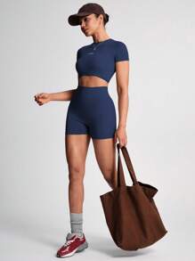TCVC 女式无缝针织弹力圆领短袖上衣和高腰收腹骑行短裤紧身运动服套装，运动瑜伽服 - 藏蓝色 - 查看 5