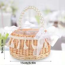 1 pieza Canasta de flores tejida para boda con asa de perlas falsas, decoración elegante con moño, portátil y multifuncional para almacenamiento en el hogar y organizador de varios usos, Navidad, San Valentín, Acción de Gracias con estilo rústico y campestre