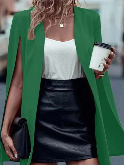 绿色无袖斗篷开衫，时尚优雅百搭女士斗篷夹克