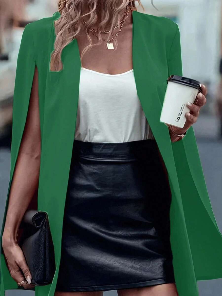 绿色无袖斗篷开衫，时尚优雅百搭女士斗篷夹克 - 綠色 - 查看 1