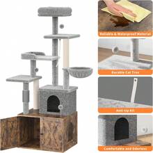 Cat Tree With Litter Box Enclosure, Hidden Cat Washroom Furniture,All-In-One Indoor Kitten House W/Scratching Posts, Multiple Platform And Condo, Modern Style Cat Tower, Hammock - 棕色 - 查看 5