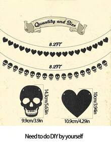 1 Set Gothic Schwarze Herzförmige Totenkopf Girlande Wimpel, Schwarze Filz Herzförmige Dreieck Wimpel, Halloween Totenkopf Wimpel, Geeignet für Gothic Geburtstagsparty Dekoration - Halloween Heimdekoration, Raumdekoration, Feiertags Heimdekoration und Party Hintergrund, Themenparty Dekoration - Verschiedenfarbig - Übersicht 8