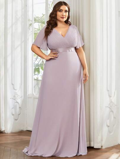 Plus Size Elegant V Neck Ruched Bust Bridesmaid Dress Butter Yellow Formal Dresses For Fall Party