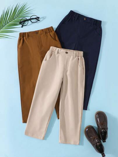 Set de 3 pantalones casuales con cintura elástica y bolsillos reales, adecuados para uso al aire libre en primavera y otoño, para niños