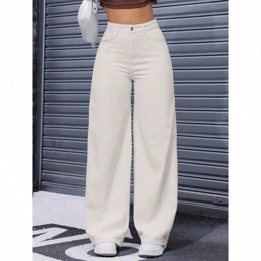 Women's Loose Fit Pocketed Straight Leg Casual Denim Jeans - Apricot - View 1