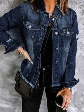 Women's Distressed Washed Denim Jacket, Suitable For Autumn Casual Spring