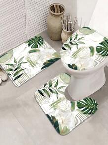 [鼠尾草绿波西米亚风浴帘] 1/3/4 件鼠尾草绿波西米亚风热带叶子浴帘套装 - 抽象中世纪现代防水浴室配件 - 12 个挂钩、防滑垫、U 型垫、盖垫浴室装饰