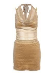 European & American Style 2025 Spring-Summer New Arrival Women's Outfit - Sexy Layering Solid Color Lurex Halter Top With Bodycon Skirt, 3-Piece Set - 金色 - 查看 9