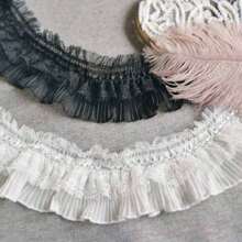 1 码弹性蕾丝褶皱荷叶边窗帘裙面料，黑白蕾丝边，9 厘米宽 - 黑色 - 查看 3