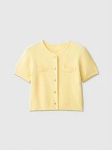 Casual Solid Color Single-Breasted Knit Cardigan - Yellow - View 1