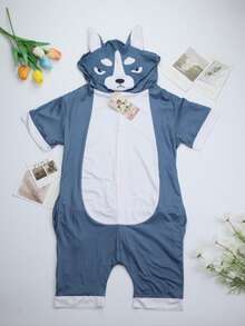 Pijamas de animales para niños y niñas, ropa de casa para niños y niñas, pijamas de una pieza de manga corta para niños estilo animal y ropa de casa. - Gris (Perro) - Ver 1